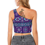 Blue And Pink Aztec Pattern Print One Shoulder Crop Top