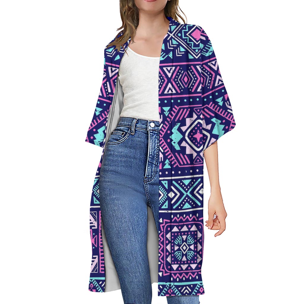 Blue And Pink Aztec Pattern Print Open Front Beach Cover Up