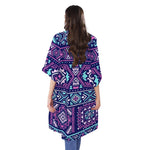 Blue And Pink Aztec Pattern Print Open Front Beach Cover Up