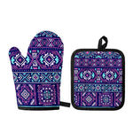 Blue And Pink Aztec Pattern Print Oven Mitt And Pot Holder Set