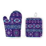 Blue And Pink Aztec Pattern Print Oven Mitt And Pot Holder Set