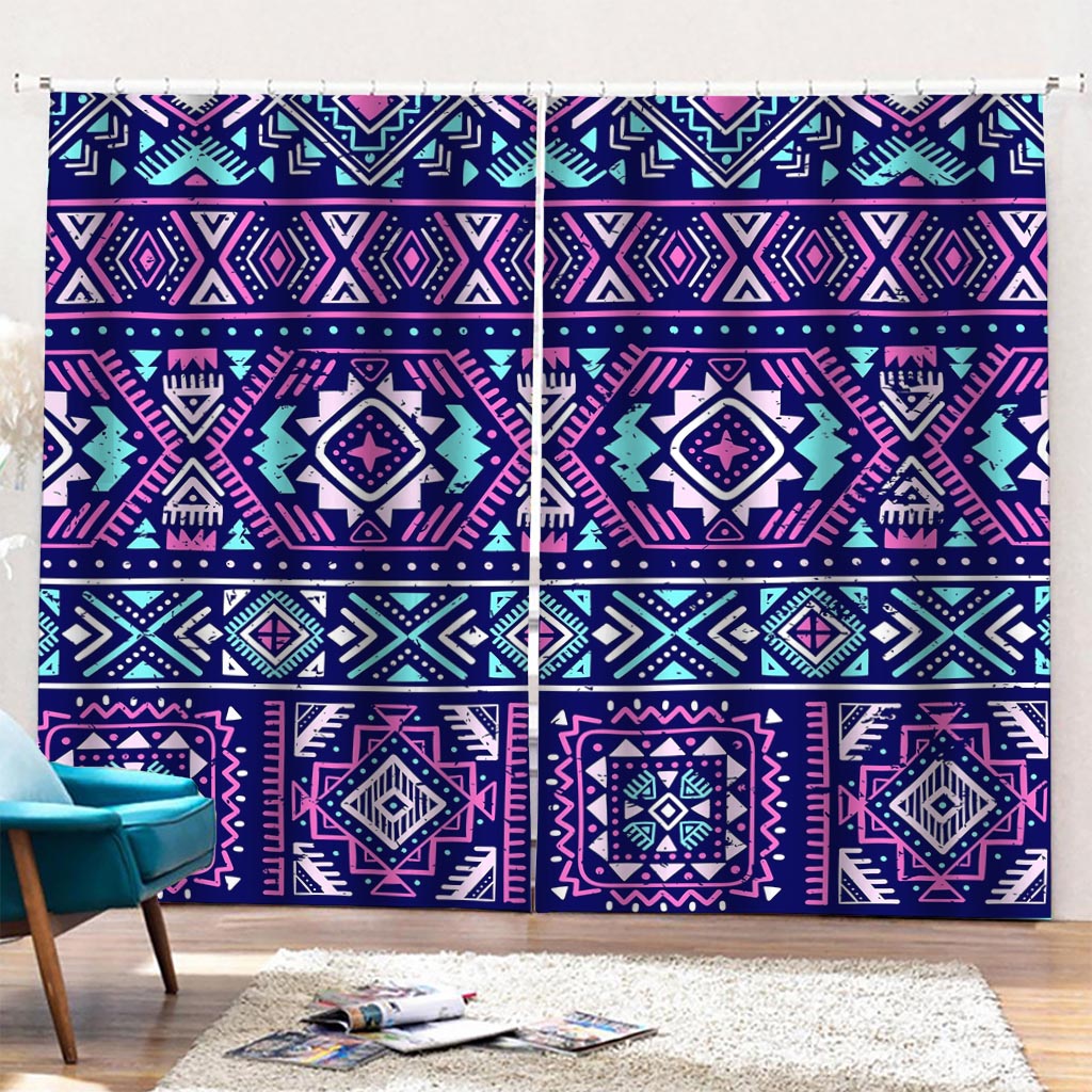 Blue And Pink Aztec Pattern Print Pencil Pleat Curtains