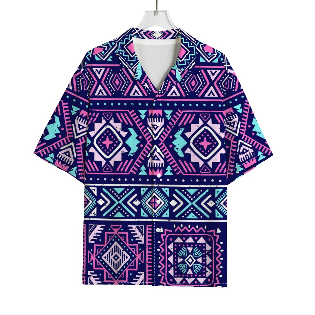 Blue And Pink Aztec Pattern Print Rayon Hawaiian Shirt