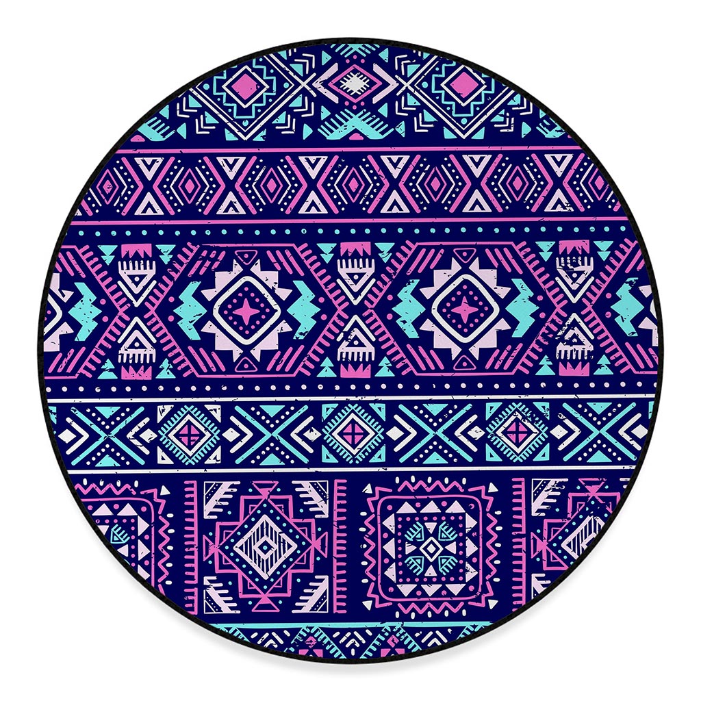Blue And Pink Aztec Pattern Print Round Floor Mat