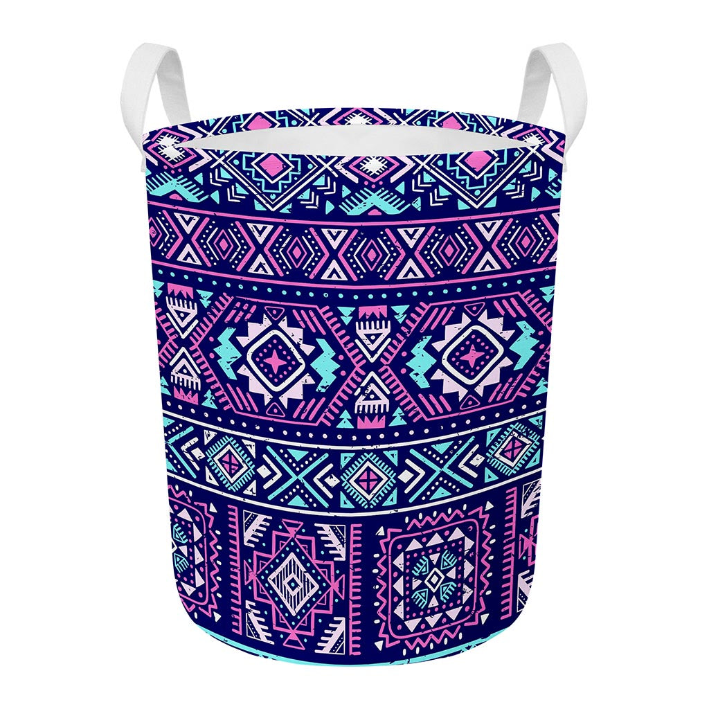 Blue And Pink Aztec Pattern Print Round Laundry Basket