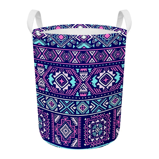 Blue And Pink Aztec Pattern Print Round Laundry Basket