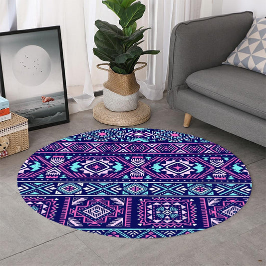 Blue And Pink Aztec Pattern Print Round Rug