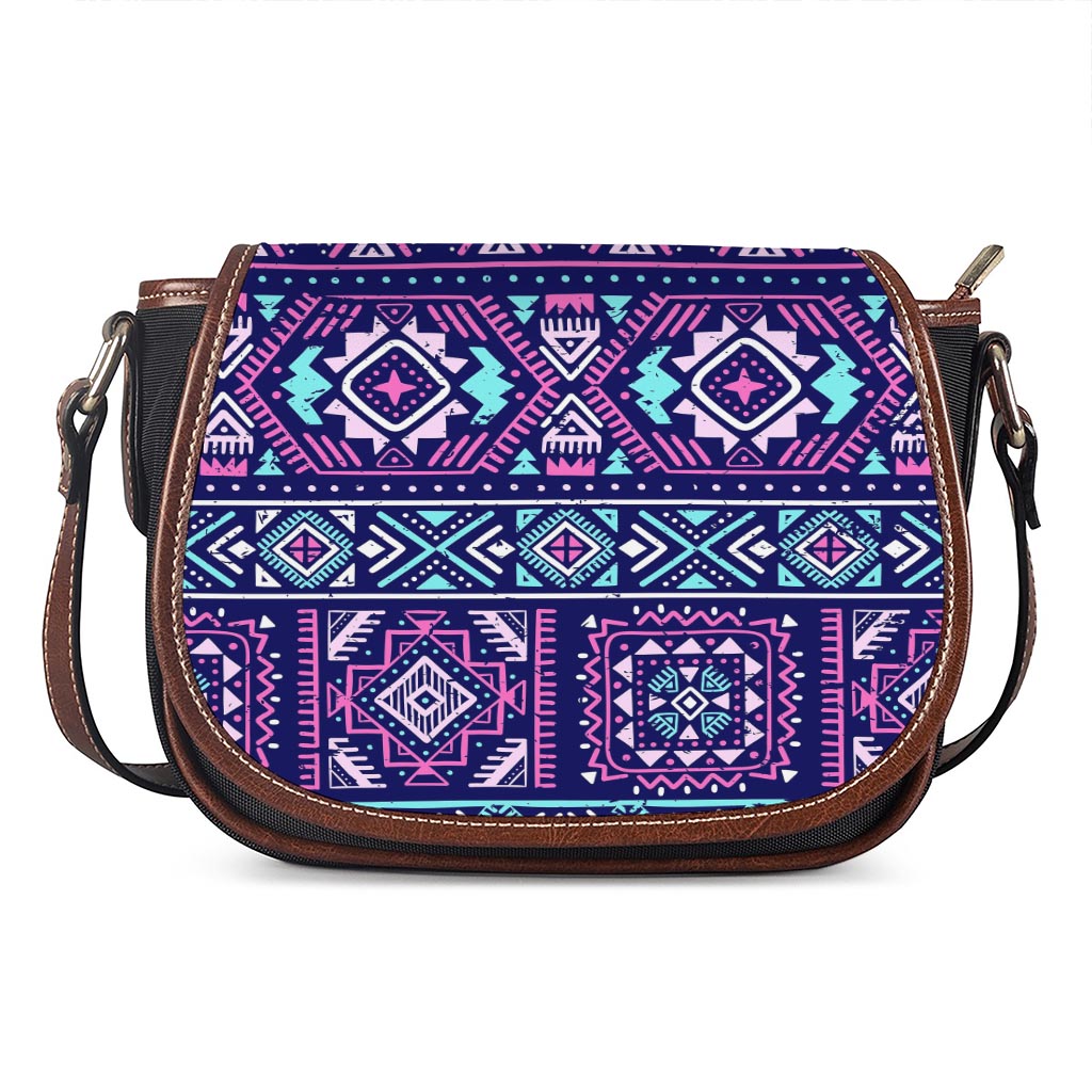 Blue And Pink Aztec Pattern Print Saddle Bag