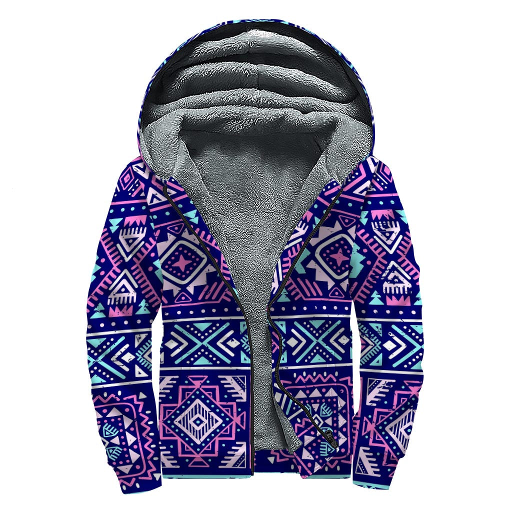 Blue And Pink Aztec Pattern Print Sherpa Lined Zip Up Hoodie