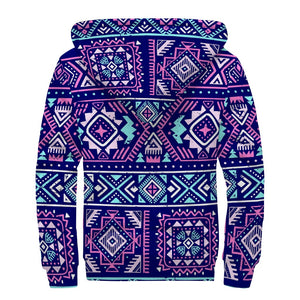 Blue And Pink Aztec Pattern Print Sherpa Lined Zip Up Hoodie