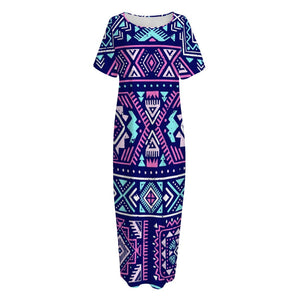 Blue And Pink Aztec Pattern Print Short Sleeve Long Nightdress