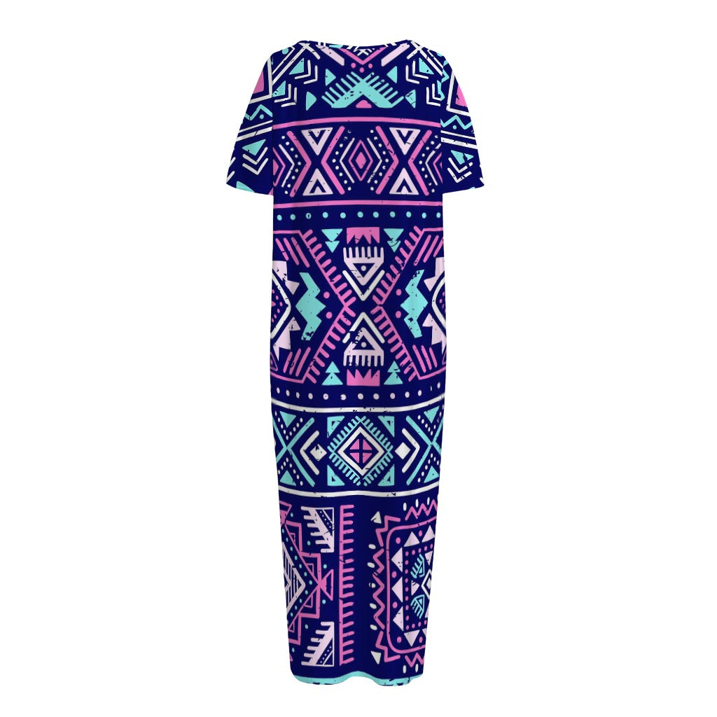 Blue And Pink Aztec Pattern Print Short Sleeve Long Nightdress