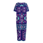 Blue And Pink Aztec Pattern Print Short Sleeve Long Nightdress