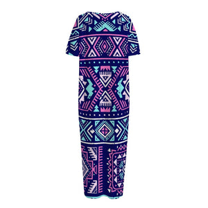 Blue And Pink Aztec Pattern Print Short Sleeve Long Nightdress