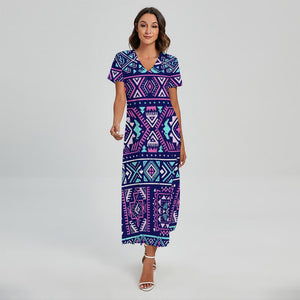 Blue And Pink Aztec Pattern Print Short Sleeve Maxi Dress