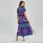 Blue And Pink Aztec Pattern Print Short Sleeve Maxi Dress