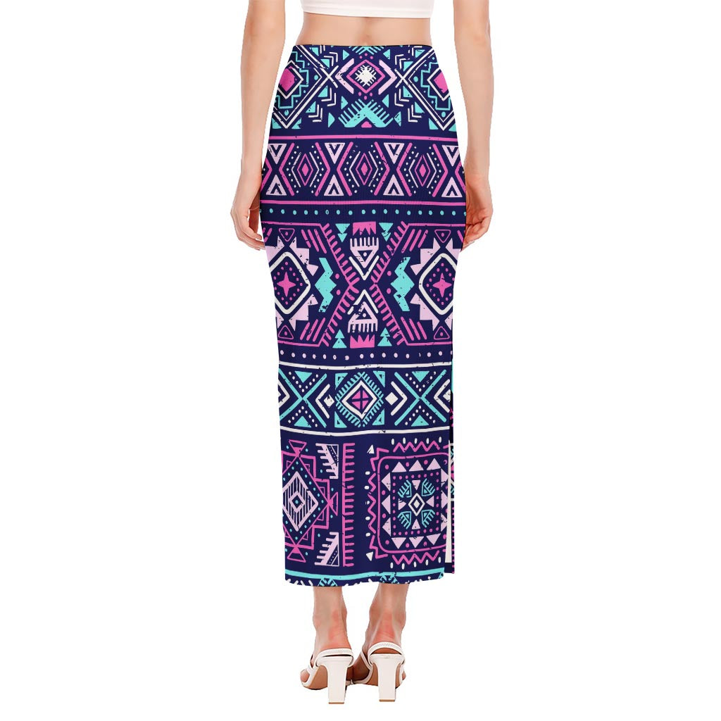 Blue And Pink Aztec Pattern Print Side Slit Maxi Skirt