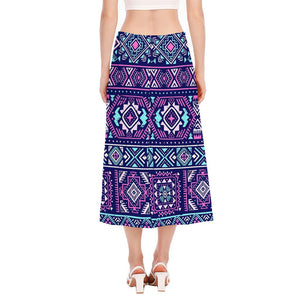 Blue And Pink Aztec Pattern Print Side Slit Midi Skirt