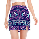 Blue And Pink Aztec Pattern Print Side Slit Mini Skirt