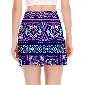 Blue And Pink Aztec Pattern Print Side Slit Mini Skirt