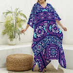 Blue And Pink Aztec Pattern Print Silk V-Neck Kaftan Dress
