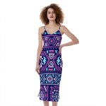 Blue And Pink Aztec Pattern Print Slim Fit Midi Cami Dress