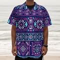 Blue And Pink Aztec Pattern Print Textured Short Sleeve Shirt