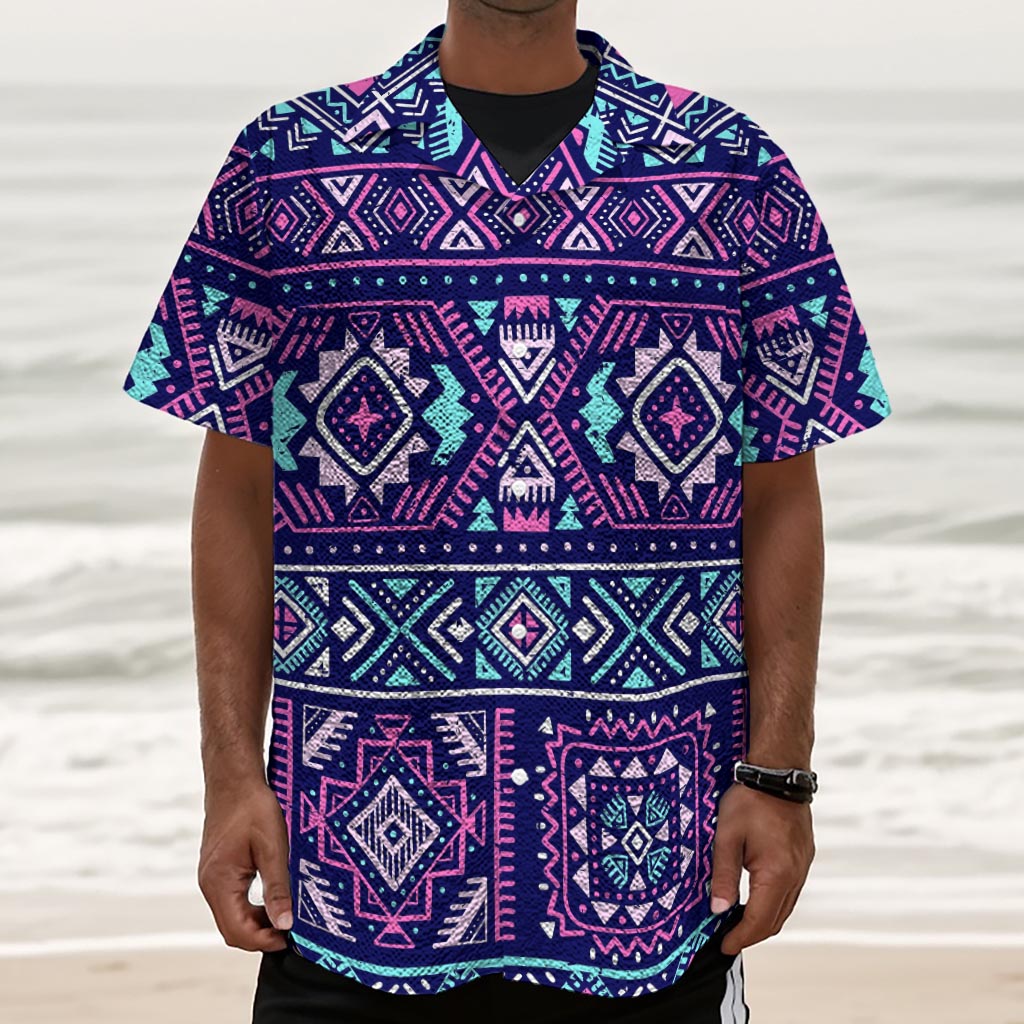 Blue And Pink Aztec Pattern Print Textured Short Sleeve Shirt