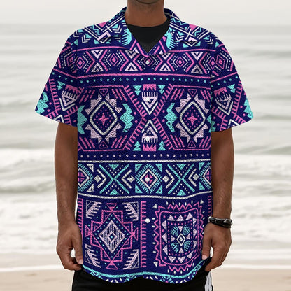 Blue And Pink Aztec Pattern Print Textured Short Sleeve Shirt