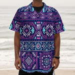 Blue And Pink Aztec Pattern Print Textured Short Sleeve Shirt