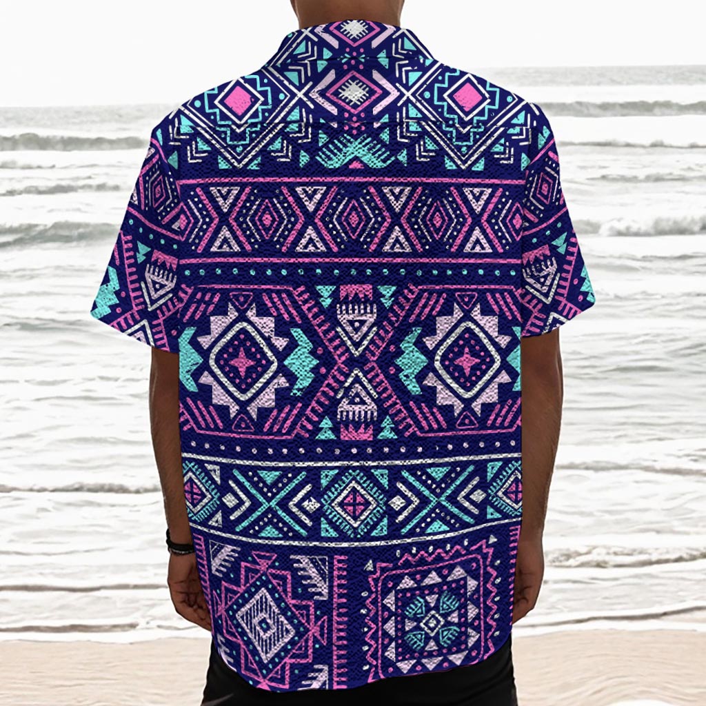 Blue And Pink Aztec Pattern Print Textured Short Sleeve Shirt