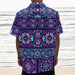 Blue And Pink Aztec Pattern Print Textured Short Sleeve Shirt