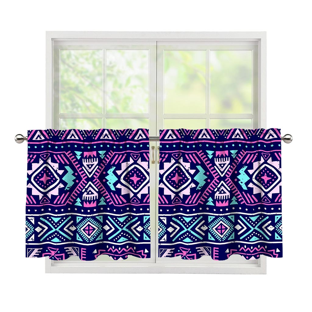 Blue And Pink Aztec Pattern Print Tier Curtains