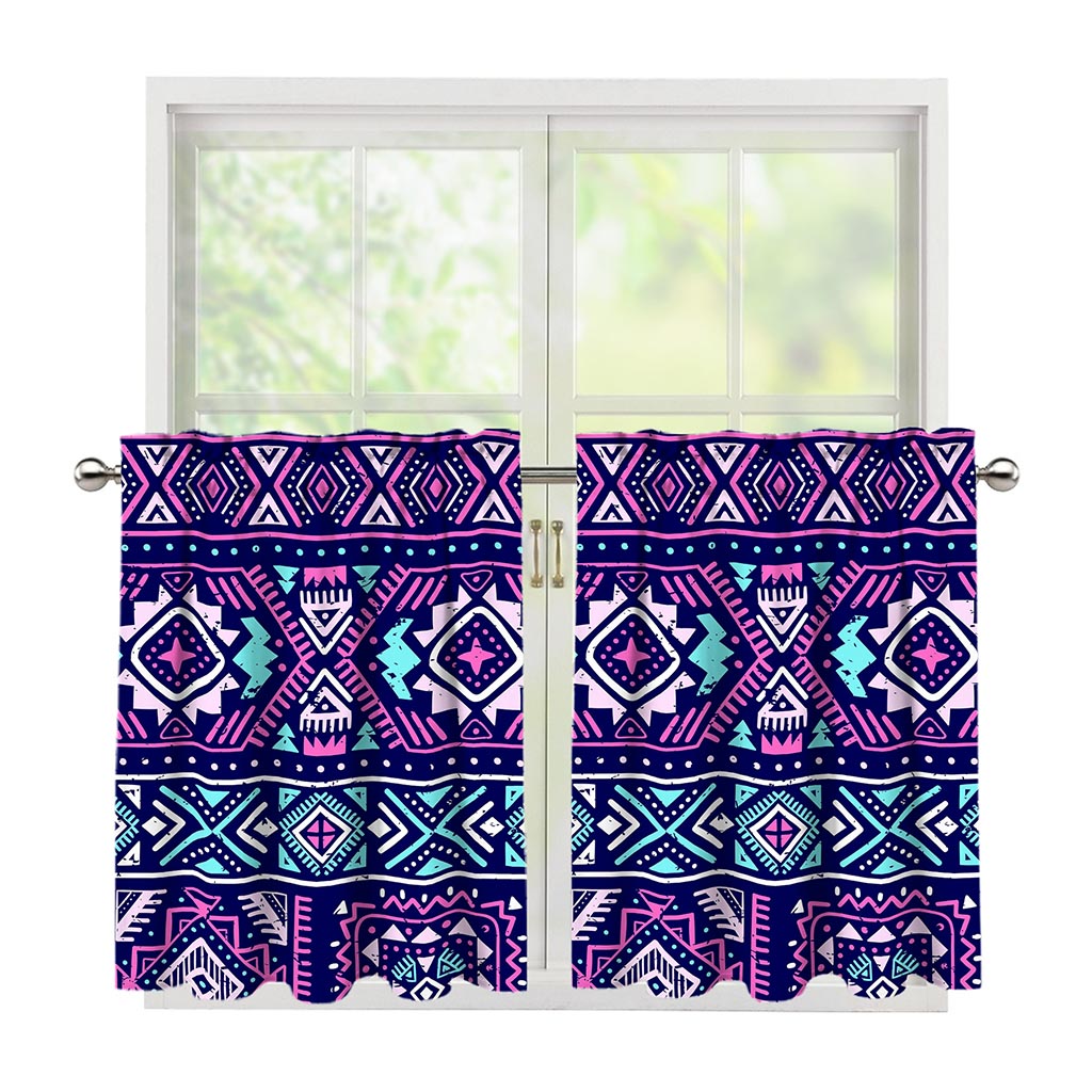 Blue And Pink Aztec Pattern Print Tier Curtains