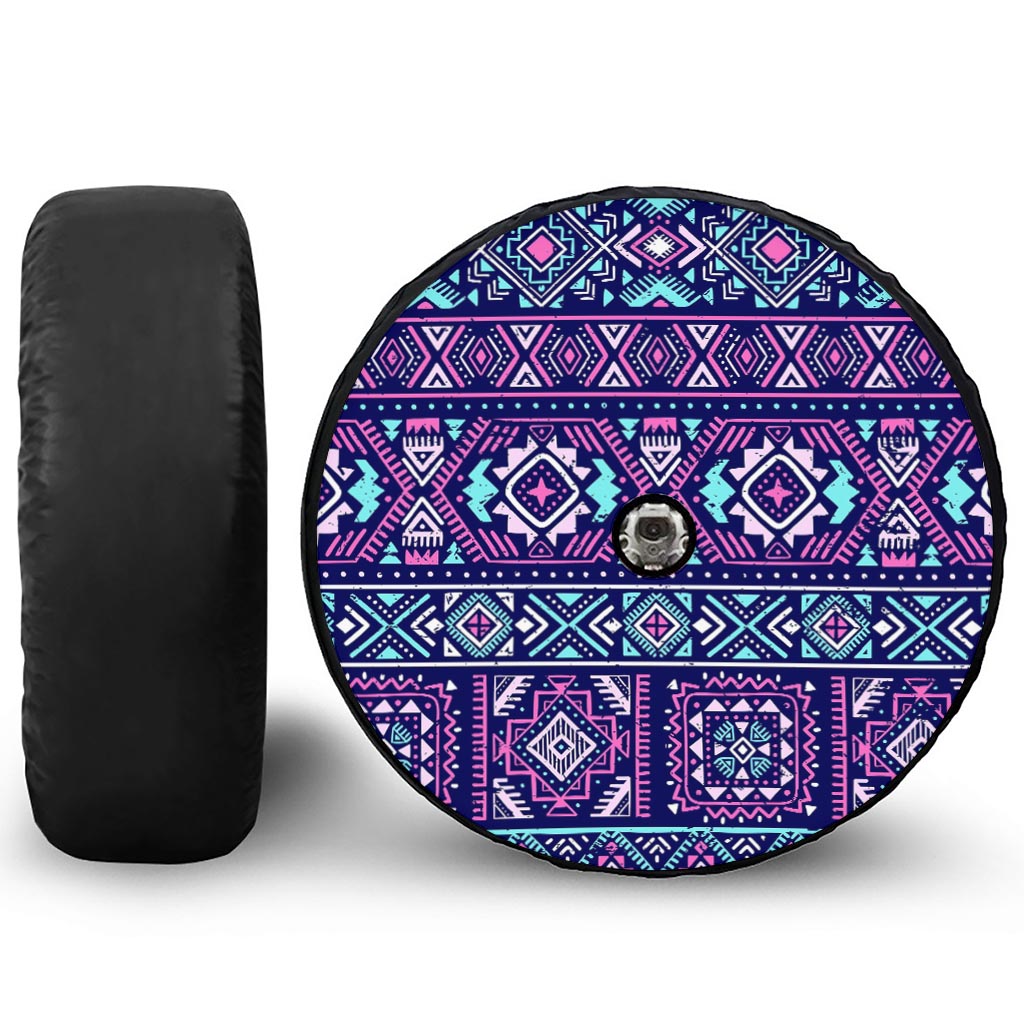 Blue And Pink Aztec Pattern Print Tire Cover With Camera Hole