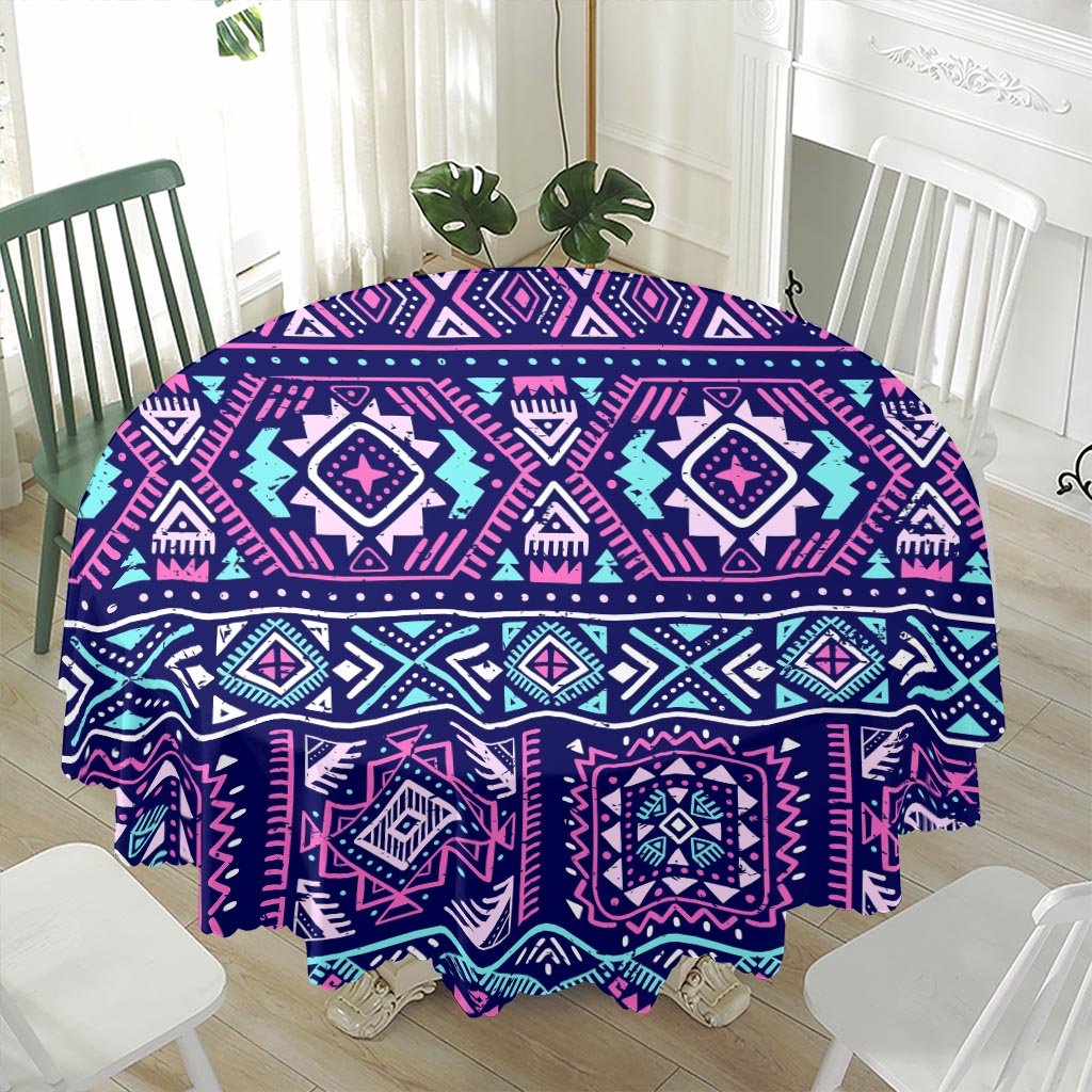 Blue And Pink Aztec Pattern Print Waterproof Round Tablecloth