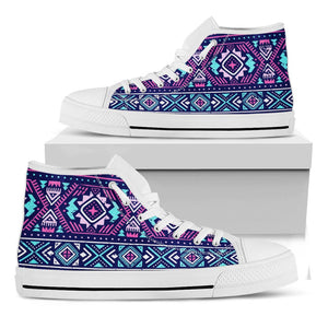 Blue And Pink Aztec Pattern Print White High Top Sneakers