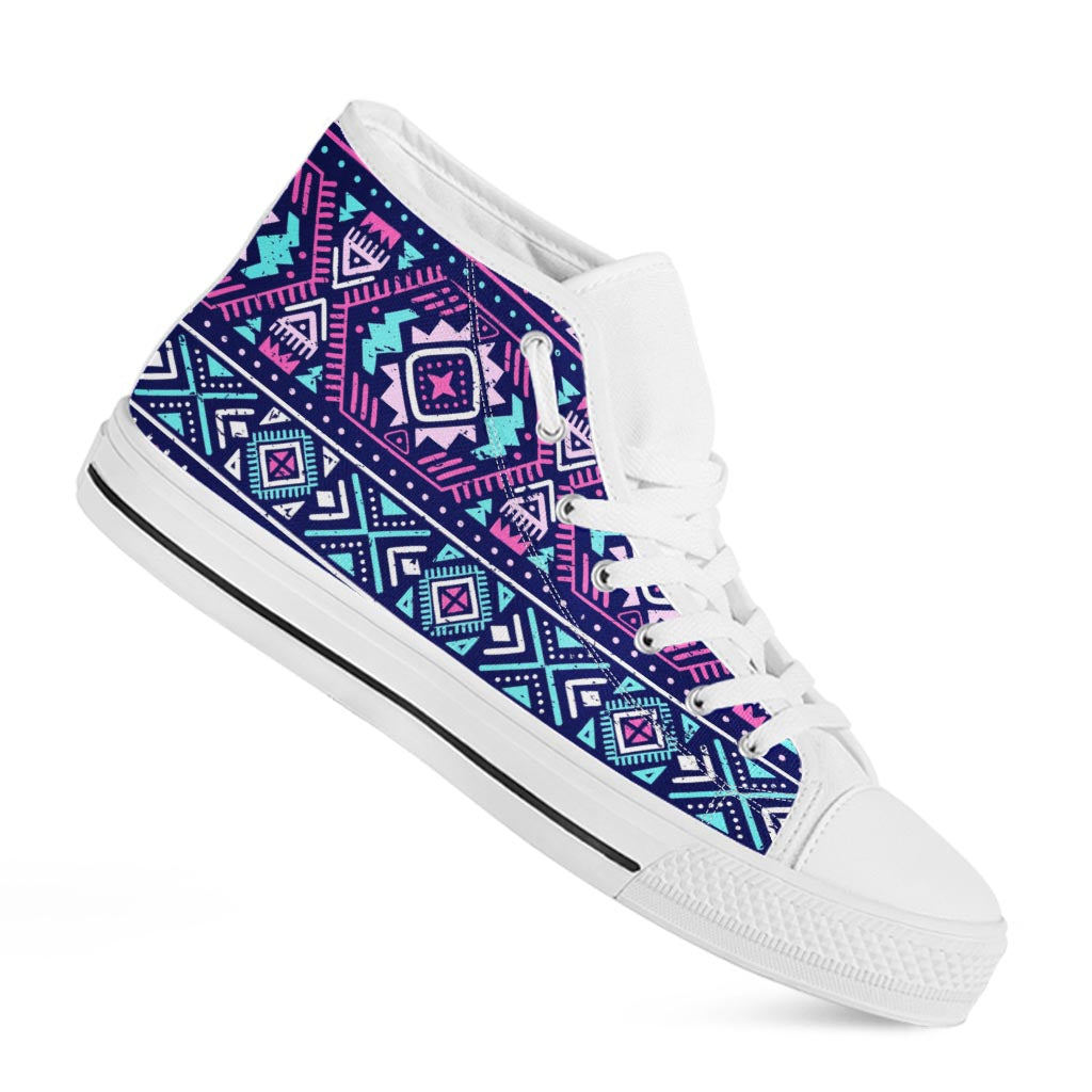 Blue And Pink Aztec Pattern Print White High Top Sneakers