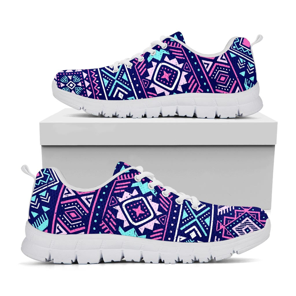 Blue And Pink Aztec Pattern Print White Running Shoes