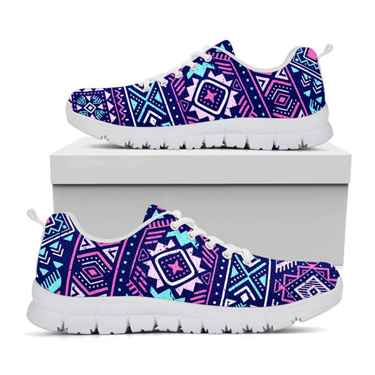 Blue And Pink Aztec Pattern Print White Running Shoes