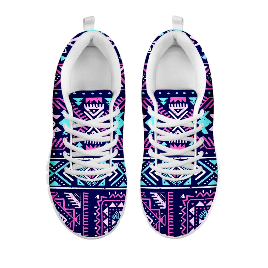 Blue And Pink Aztec Pattern Print White Running Shoes