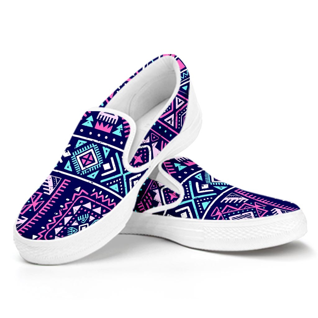 Blue And Pink Aztec Pattern Print White Slip On Sneakers