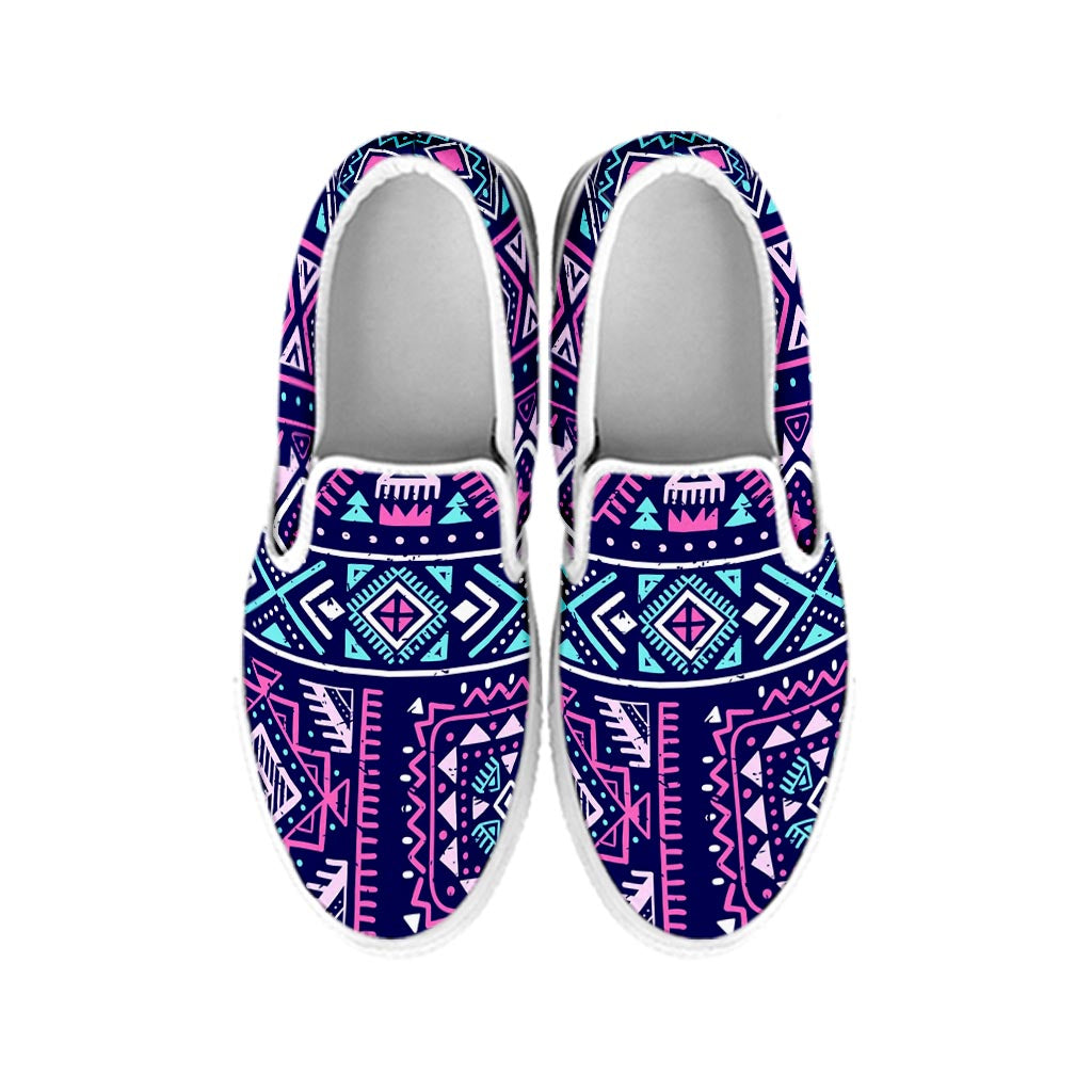 Blue And Pink Aztec Pattern Print White Slip On Sneakers