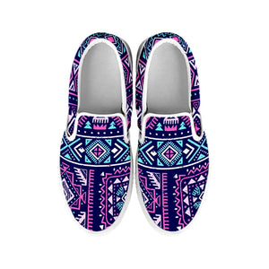 Blue And Pink Aztec Pattern Print White Slip On Sneakers