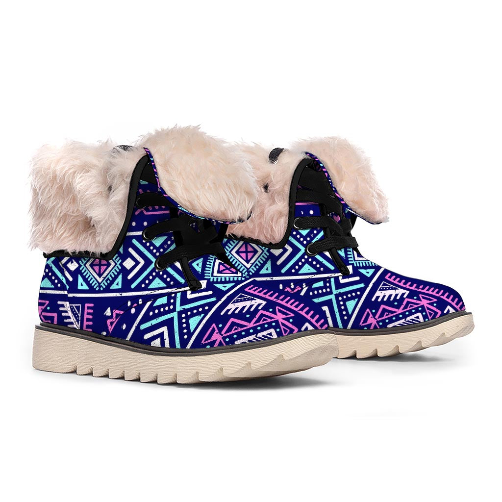 Blue And Pink Aztec Pattern Print Winter Boots