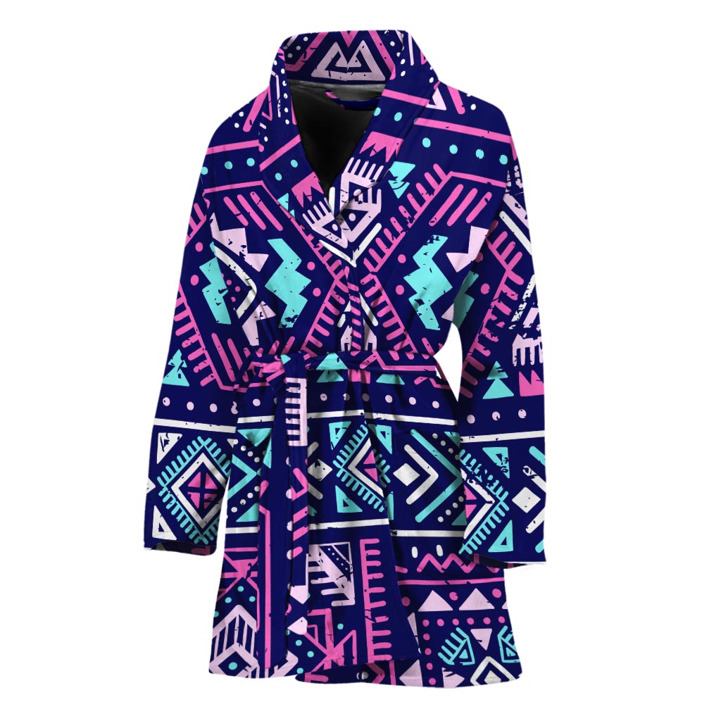 Blue And Pink Aztec Pattern Print Women's Bathrobe