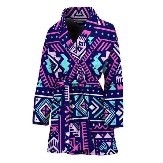 Blue And Pink Aztec Pattern Print Women's Bathrobe