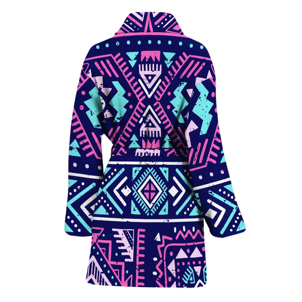Blue And Pink Aztec Pattern Print Women's Bathrobe