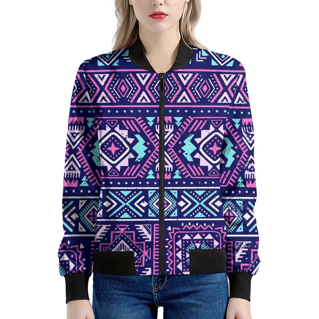 Blue And Pink Aztec Pattern Print Women's Bomber Jacket