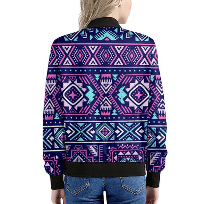 Blue And Pink Aztec Pattern Print Women's Bomber Jacket